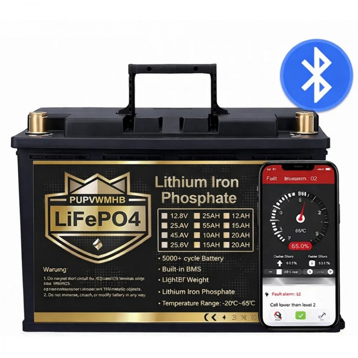 LiFePO4 12V/100Ah Акумулятор PUPVWMHB з Bluetooth, зарядкою, BMS для резервного живлення