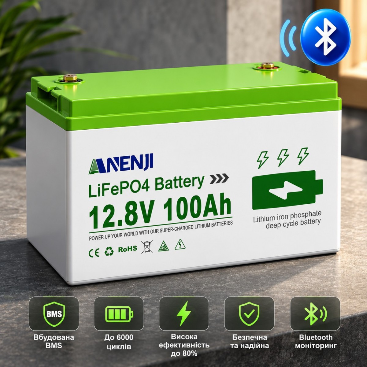 LiFePO4 12V/100Ah Акумулятор Anenji з Bluetooth для резервного живлення будинку, квартири з BMS LiFePO4 12V/100Ah Акумулятор Anenji з Bluetooth для резервного живлення будинку, квартири з BMS