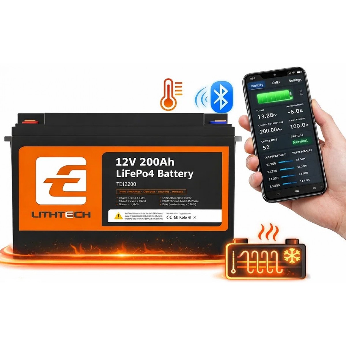 LiFePO4 12V/200Ah Акумулятор Lithtech з Bluetooth, функцією підігріву, BMS для резервного живлення