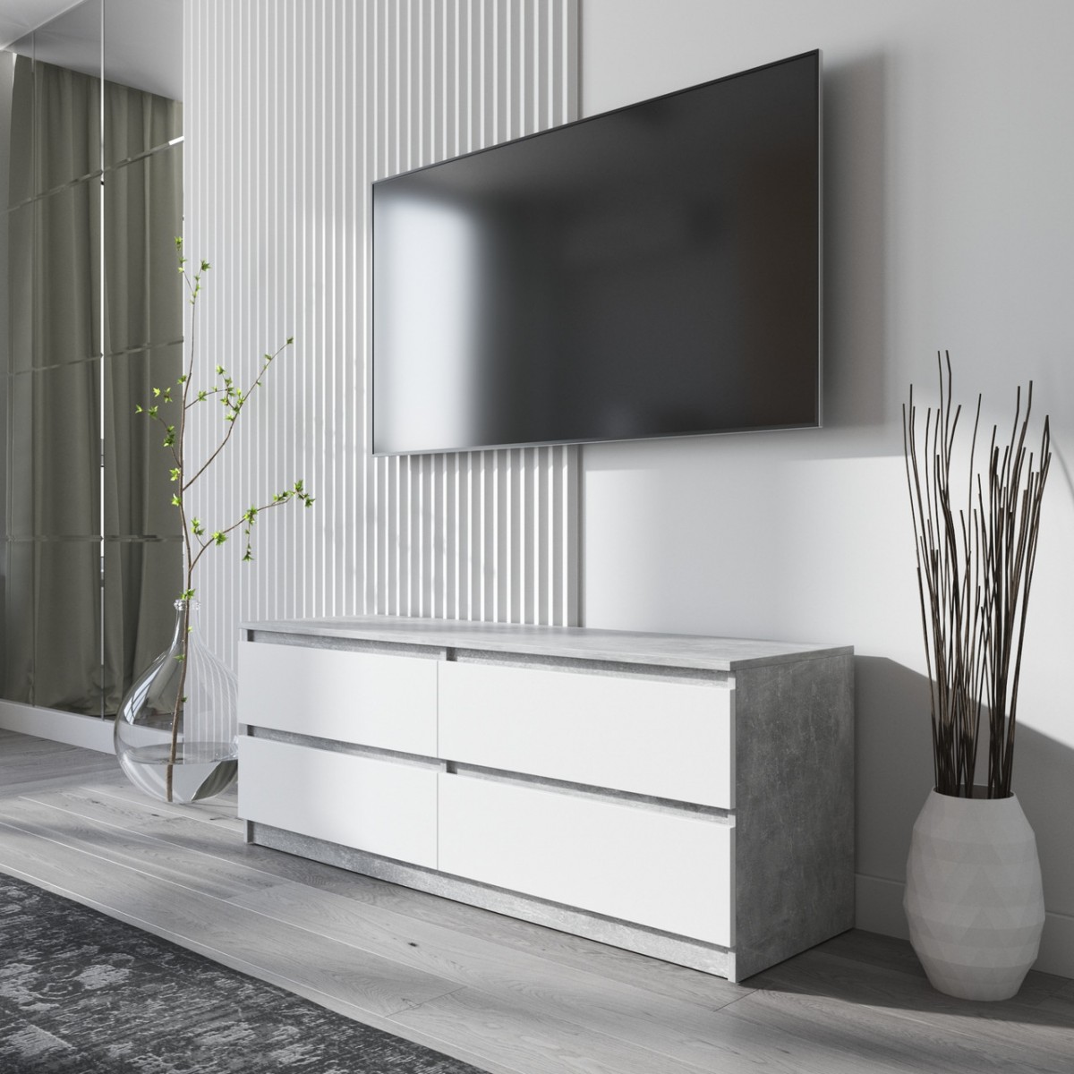 Тумба под телевизор VAYS R-6 Белый фасад, 4 ящика без ручек, ЛДСП, 140×40×53 см