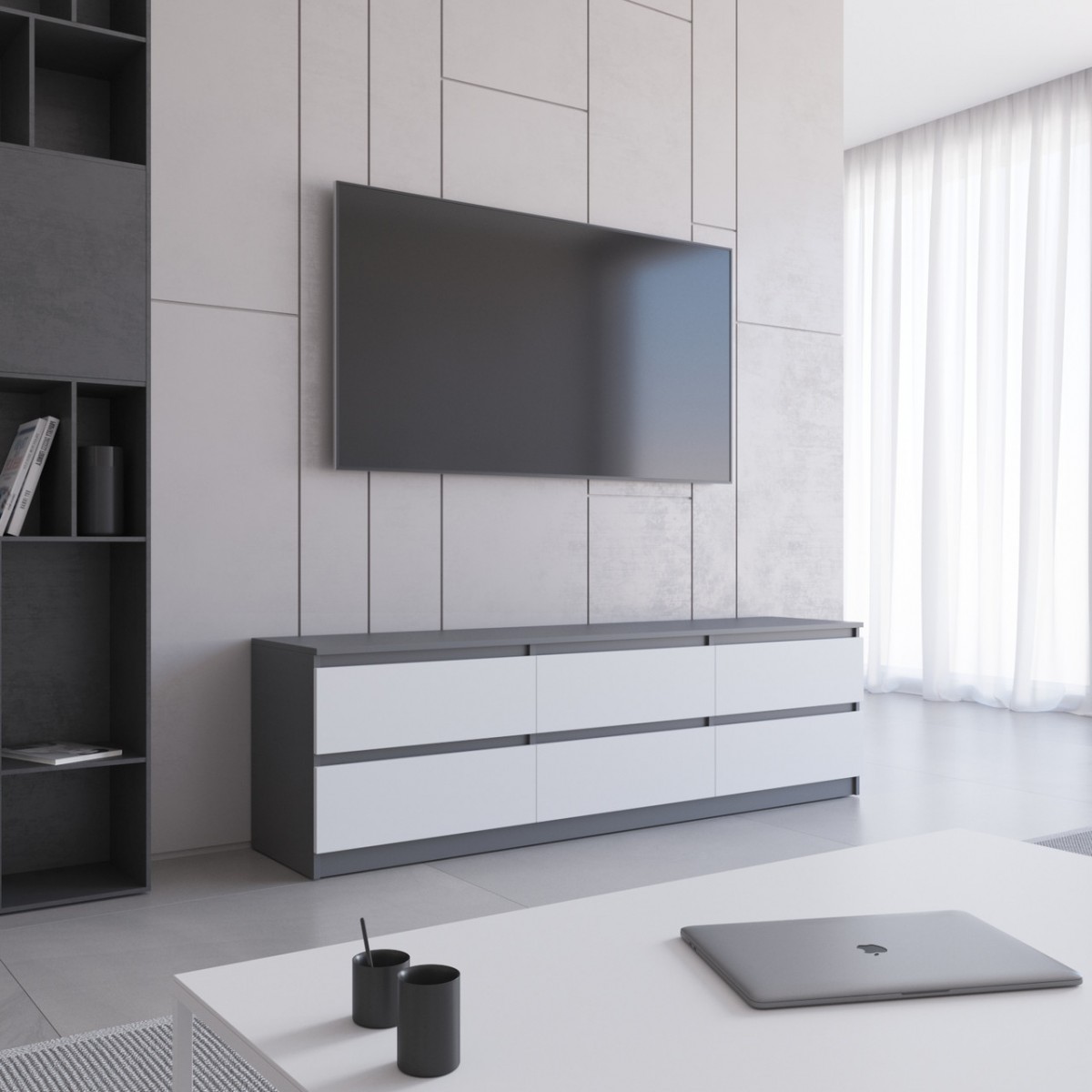 Тумба под телевизор VAYS R-12 Антрацит-Белый фасад, 6 ящиков без ручек, ЛДСП, 180×40×53 см