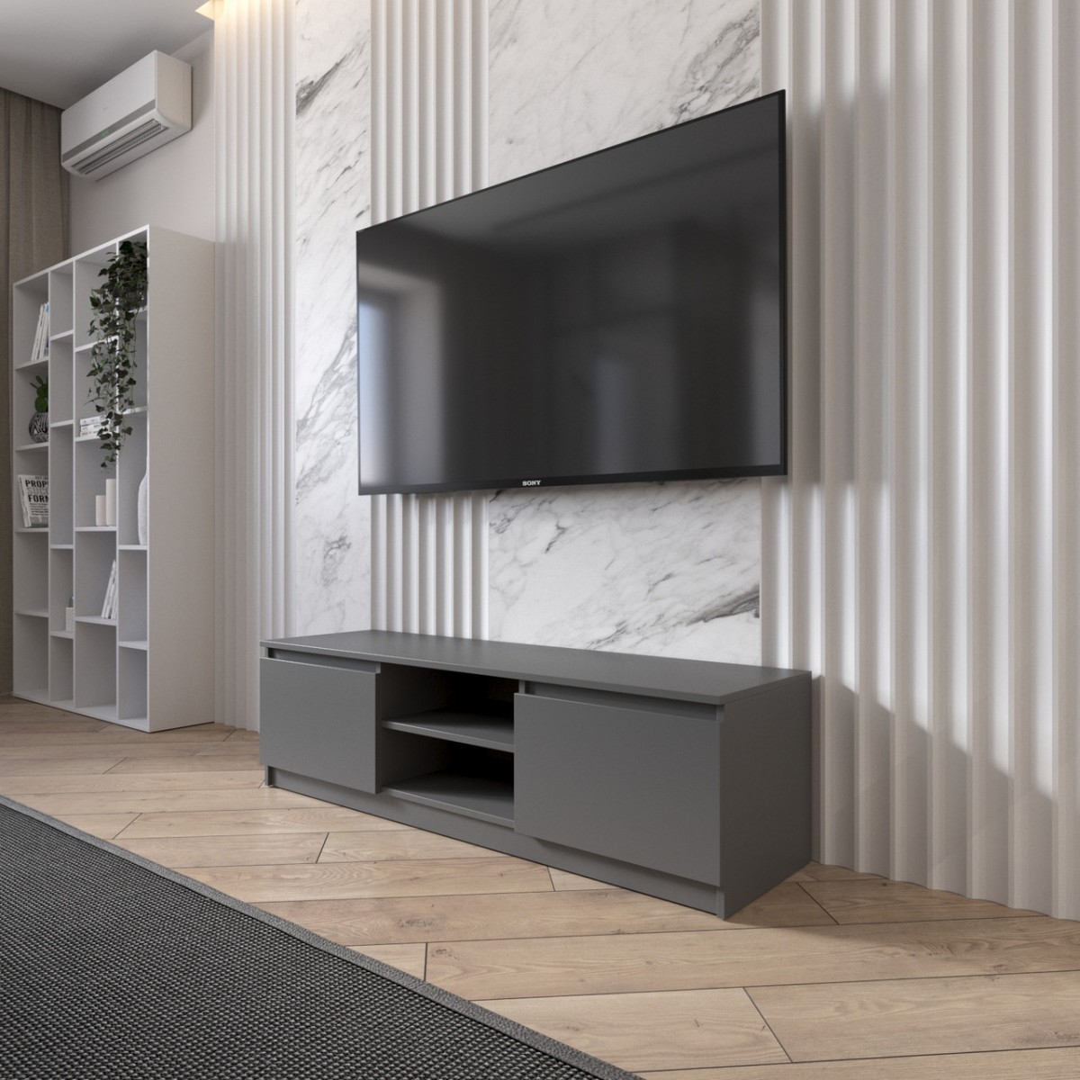 Тумба под телевизор VAYS R-14 Антрацит, с открытой нишей, ЛДСП, 140×40×40 см – для гостиной и спальни, под ТВ