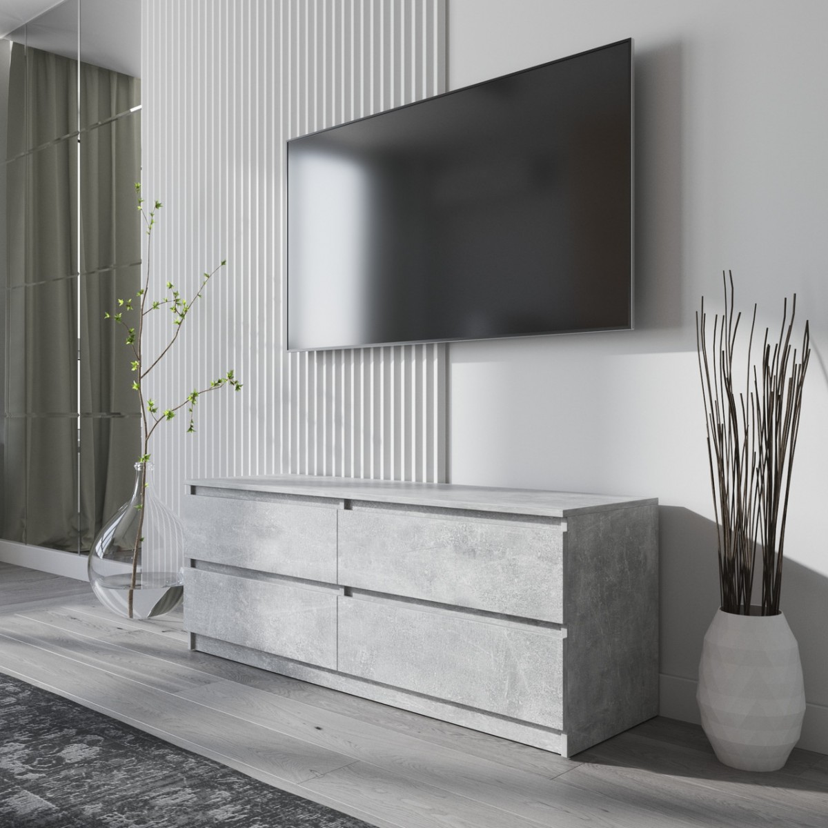 Тумба под телевизор VAYS R-6 Бетон, 4 ящика без ручек, ЛДСП, 140×40×53 см