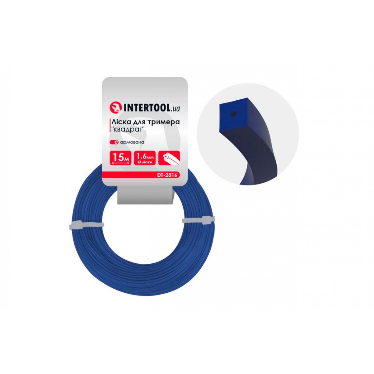 Леска для триммера Intertool 1.6мм x 15м квадрат армированный (DT-2316) Леска для триммера Intertool 1.6мм x 15м квадрат армированный (DT-2316)