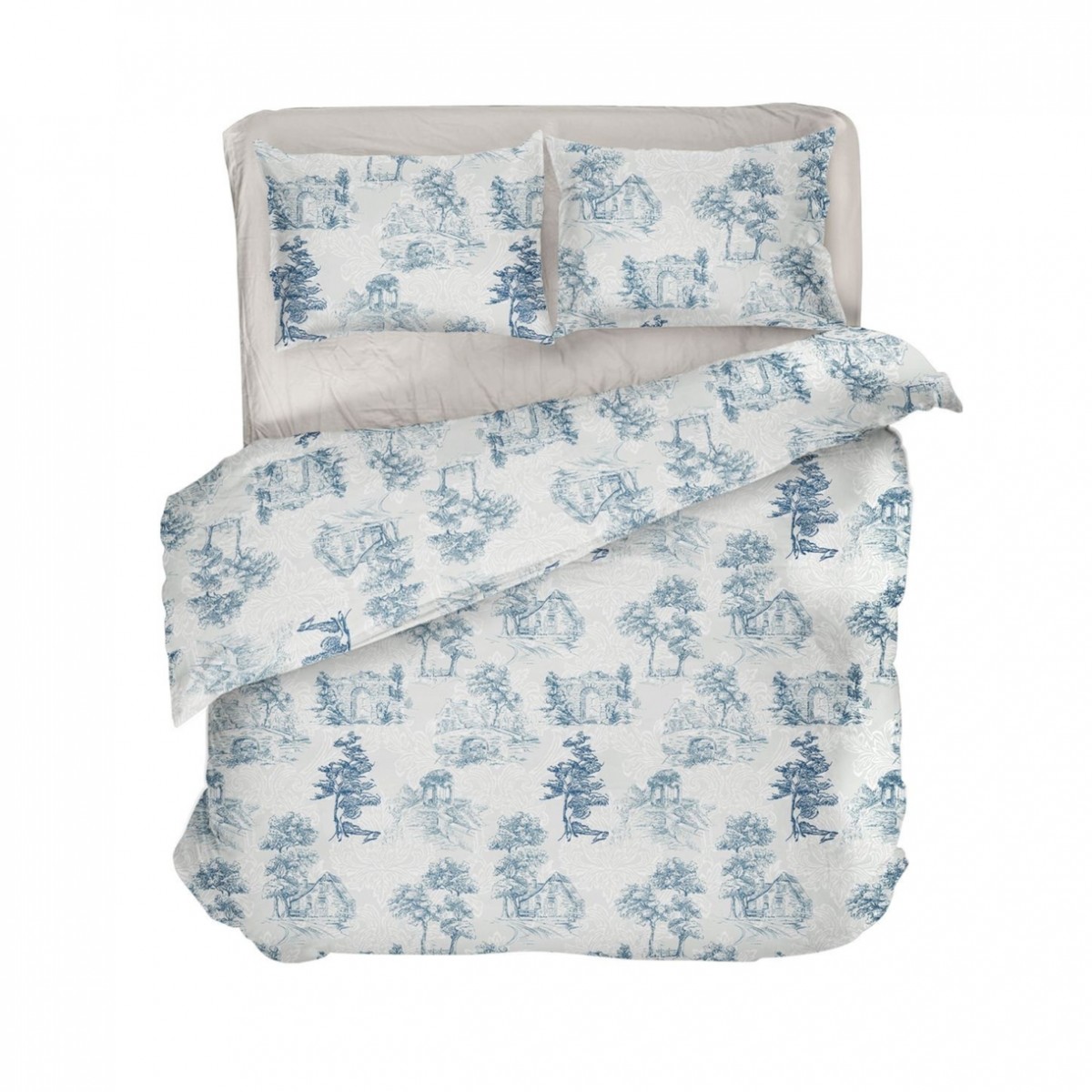 Постельное белье "LeLIT",Микрофибра,Молочный с Голубой,Семейный P-0141