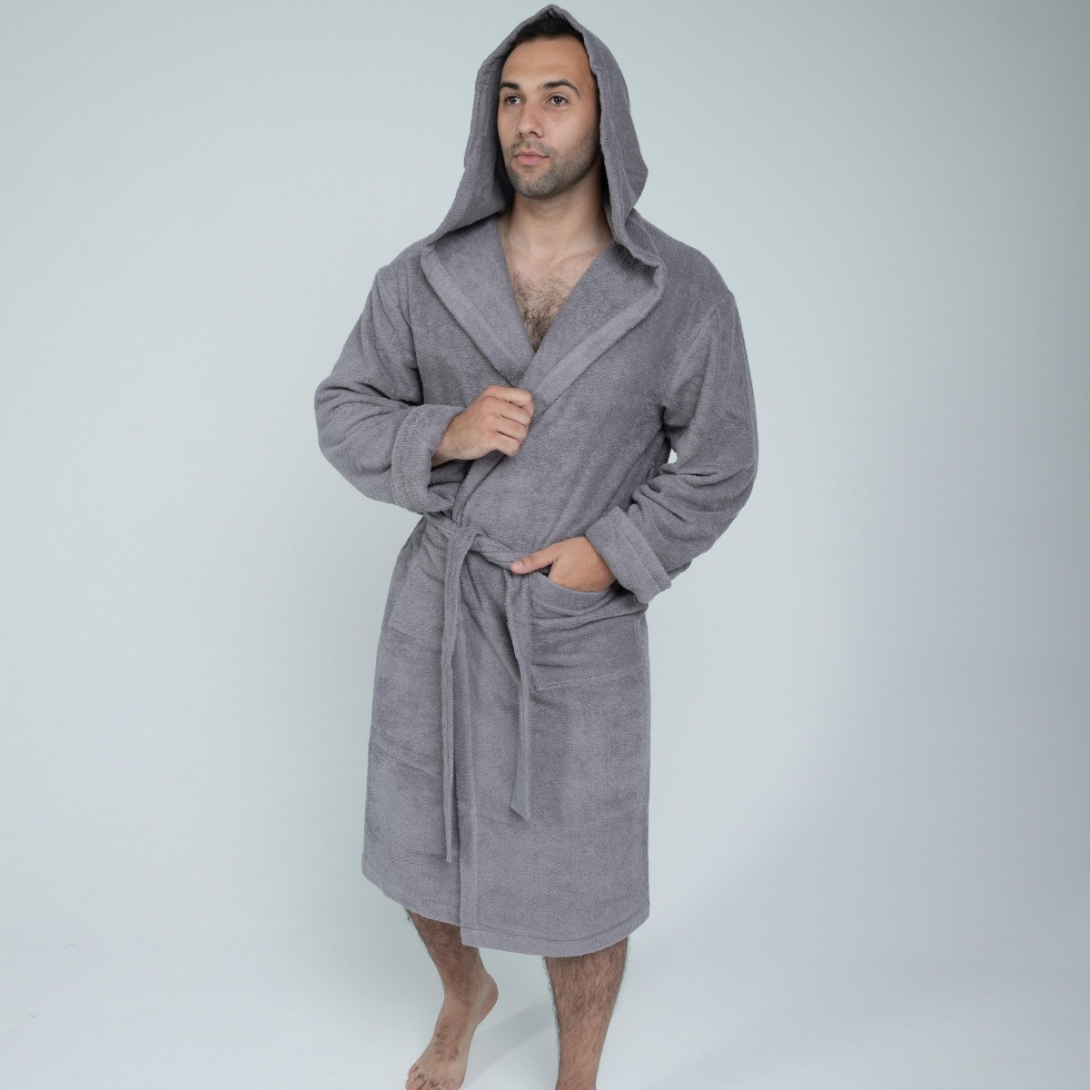 Мужской махровый халат с капюшоном «Lelit», Махра, Серый, размер S-M и L-XL. Мужской махровый халат с капюшоном «Lelit», Махра, Серый, размер S-M и L-XL.