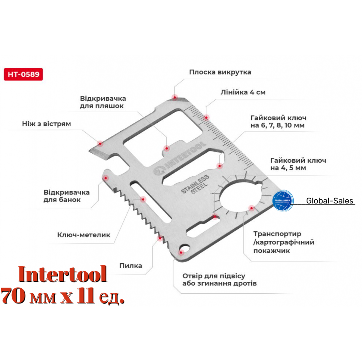 Мультитул Intertool 70мм x 11ед карта (HT-0589) нержавеющая сталь