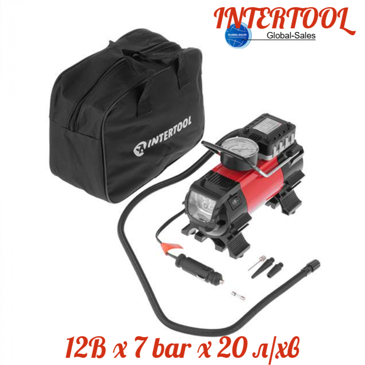 Миникомпрессор автомобильный Intertool 12В x 7 bar x 20 л/мин (AC-0001)