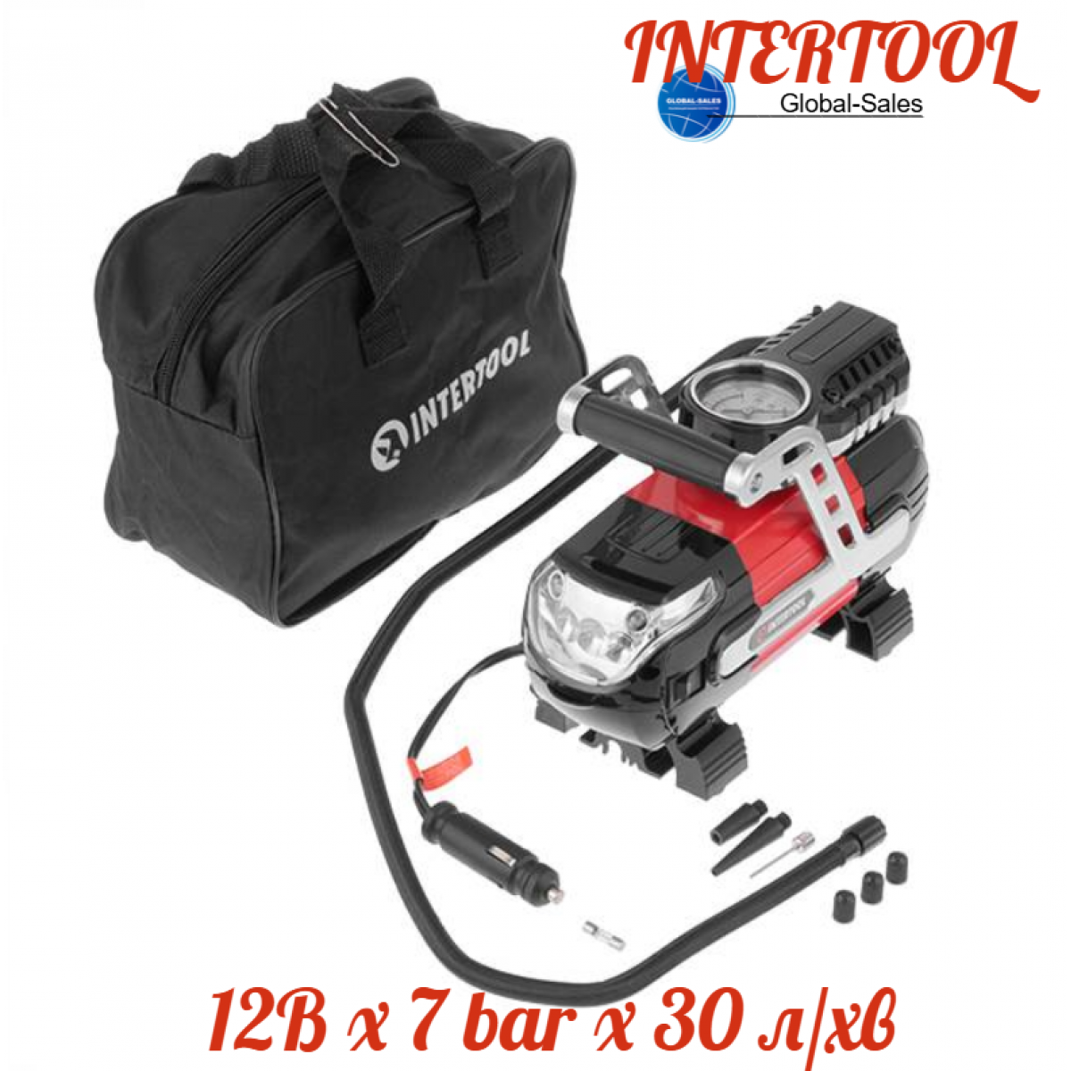 Миникомпрессор автомобильный Intertool 12В x 7 bar x 30 л/мин (AC-0002)