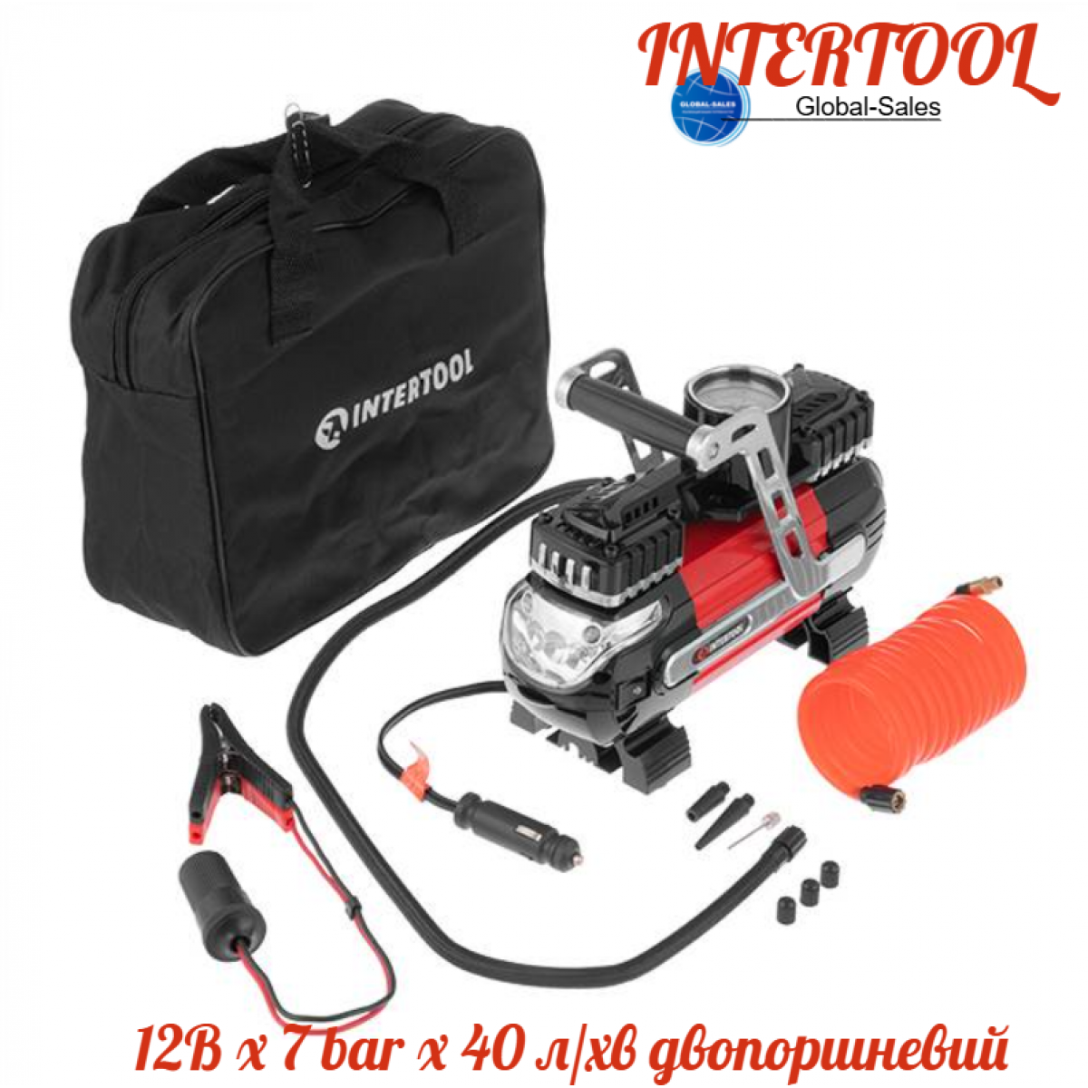 Миникомпрессор автомобильный Intertool 12В x 7 bar x 40 л/мин двухпоршневой (AC-0003)