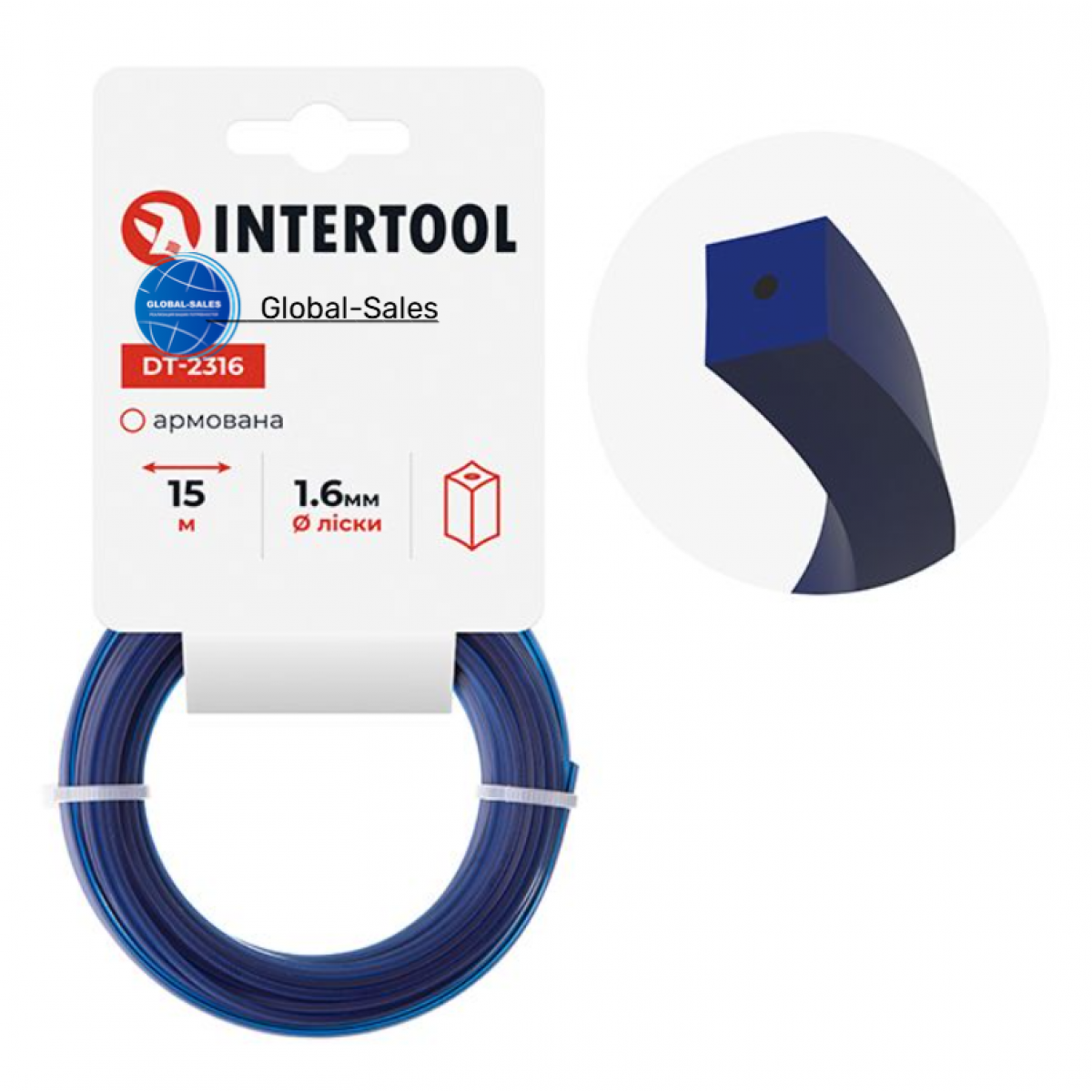 Леска для триммера Intertool 1.6мм x 15м квадрат армированный (DT-2316) Леска для триммера Intertool 1.6мм x 15м квадрат армированный (DT-2316)