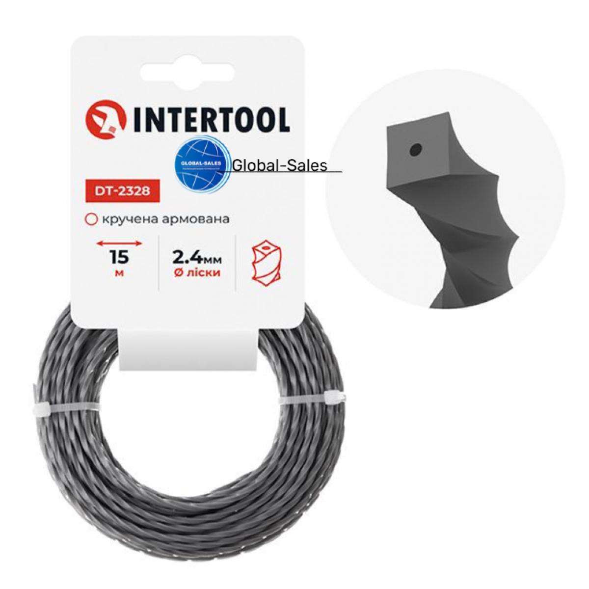 Леска для триммера Intertool 2.4мм x 15м квадрат крученый армированный (DT-2328) Леска для триммера Intertool 2.4мм x 15м квадрат крученый армированный (DT-2328)