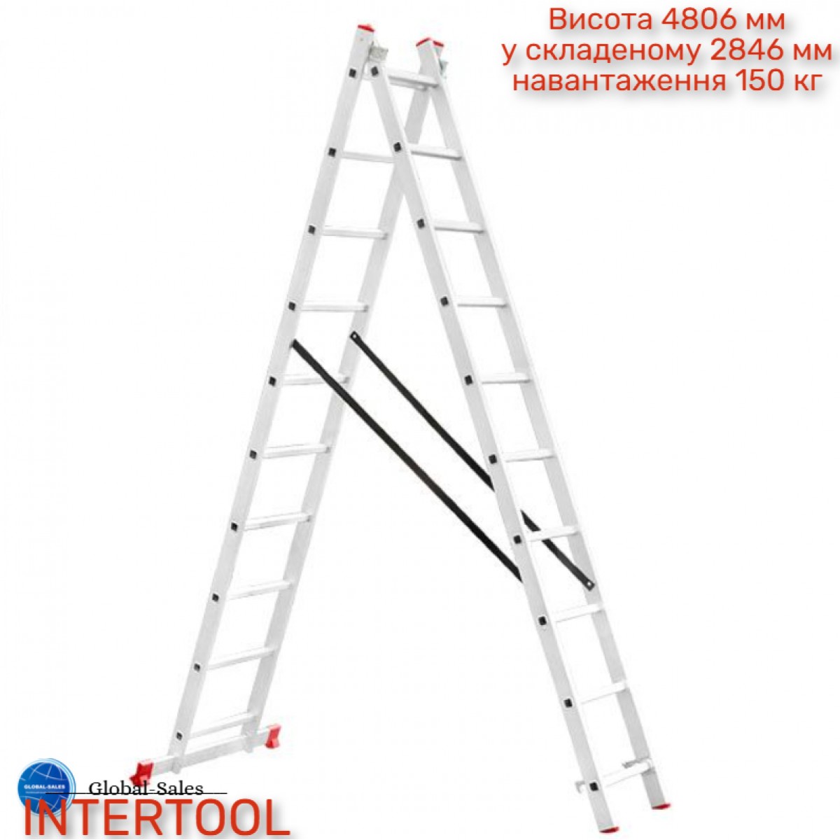 Лестница 2-х раскладная Intertool 4810 мм х 2x10 ступеней (LT-0210) алюминиевая Лестница 2-х раскладная Intertool 4810 мм х 2x10 ступеней (LT-0210) алюминиевая