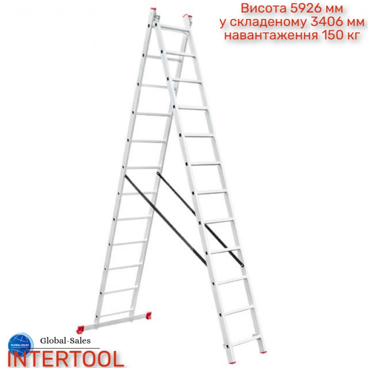 Лестница 2-х раскладная Intertool 5930 мм х 2x12 ступеней (LT-0212) алюминиевая Лестница 2-х раскладная Intertool 5930 мм х 2x12 ступеней (LT-0212) алюминиевая