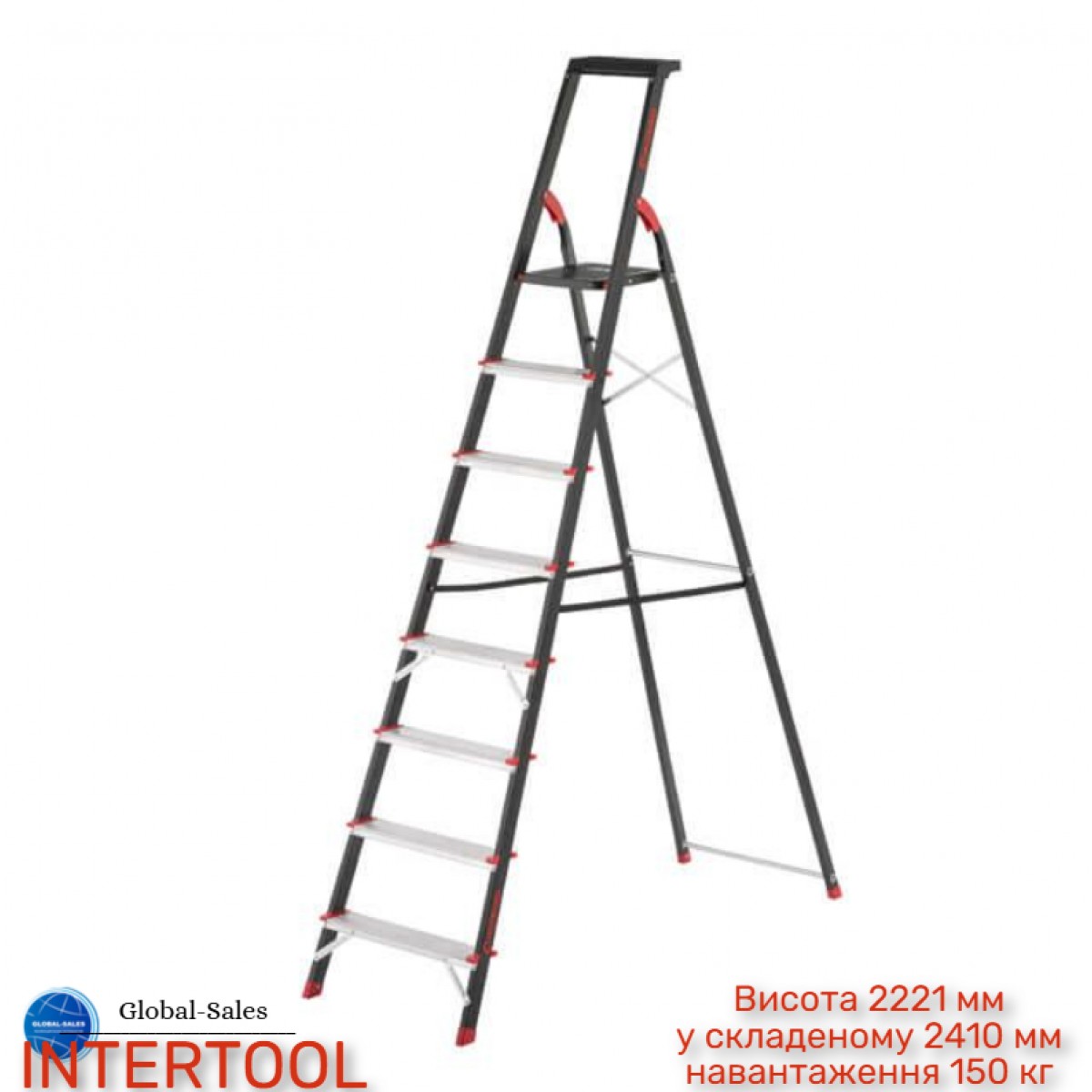 Стремянка Intertool 8 ступеней x 1720 мм (LT-0058) стальной профиль Стремянка Intertool 8 ступеней x 1720 мм (LT-0058) стальной профиль