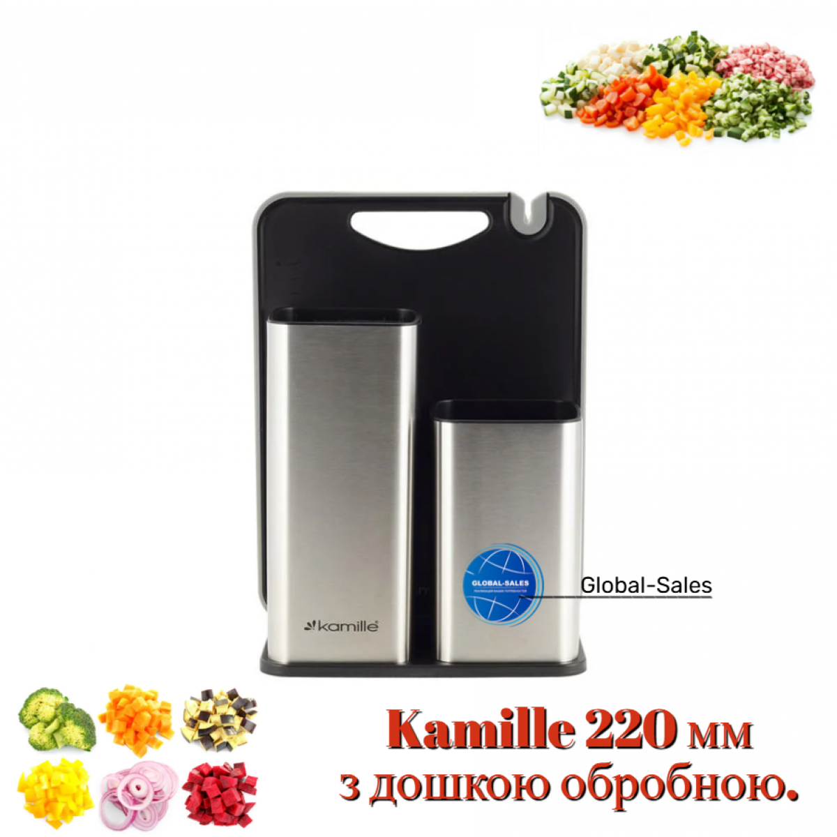 Колодка для ножей Kamille 220 мм с доской разделочной (7610)