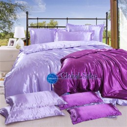 Атласное Семейное постельное белье Лиловая Сирень + Дополнительные 2 Фиолетовых Пододеяльника и 2 Фиолетовые наволочки 50*70см