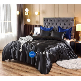 Комплект атласного черного двуспального постельного белья Moka Textile + Дополнительные  Наволочки Синие 2 шт 175*210