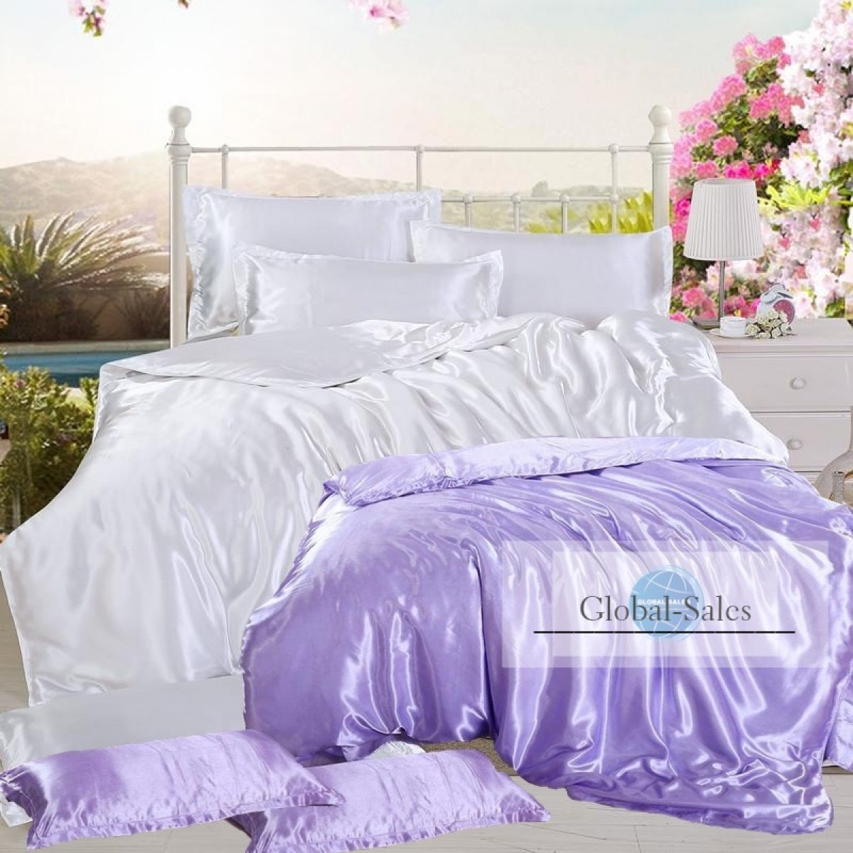 Атласное Семейное постельное белье Белая Жемчужина и Дополнительные 2 Полуторных Сиреневых Пододеяльника + 2 Сиреневые наволочки Moka Textile 145*210 Атласное Семейное постельное белье Белая Жемчужина и Дополнительные 2 Полуторных Сиреневых Пододеяльника + 2 Сиреневые наволочки Moka Textile 145*210