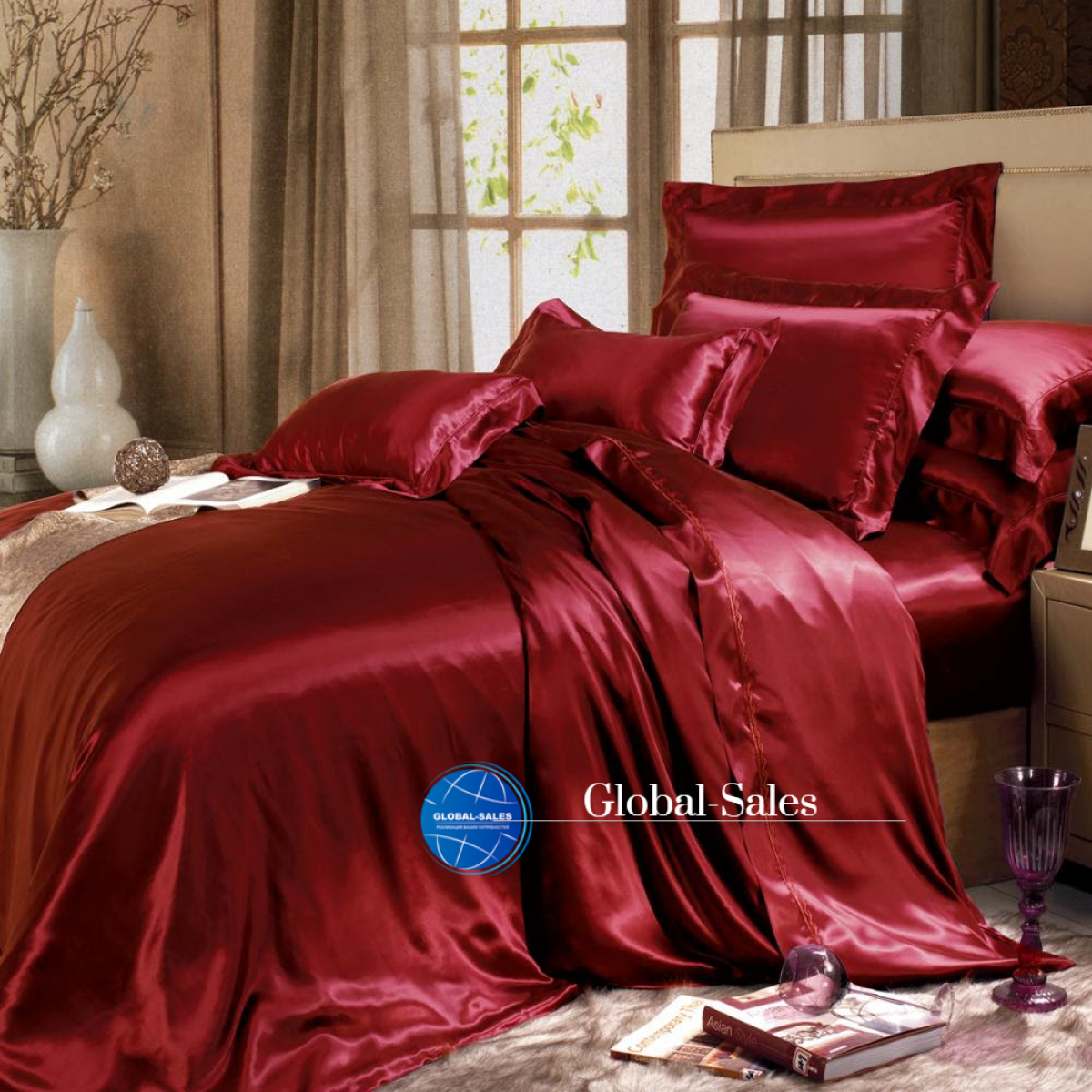 Атласное Бордовое Семейное постельное белье Moka Textile 145*210 с простыней на резинке и 4 наволочки Атласное Бордовое Семейное постельное белье Moka Textile 145*210 с простыней на резинке и 4 наволочки