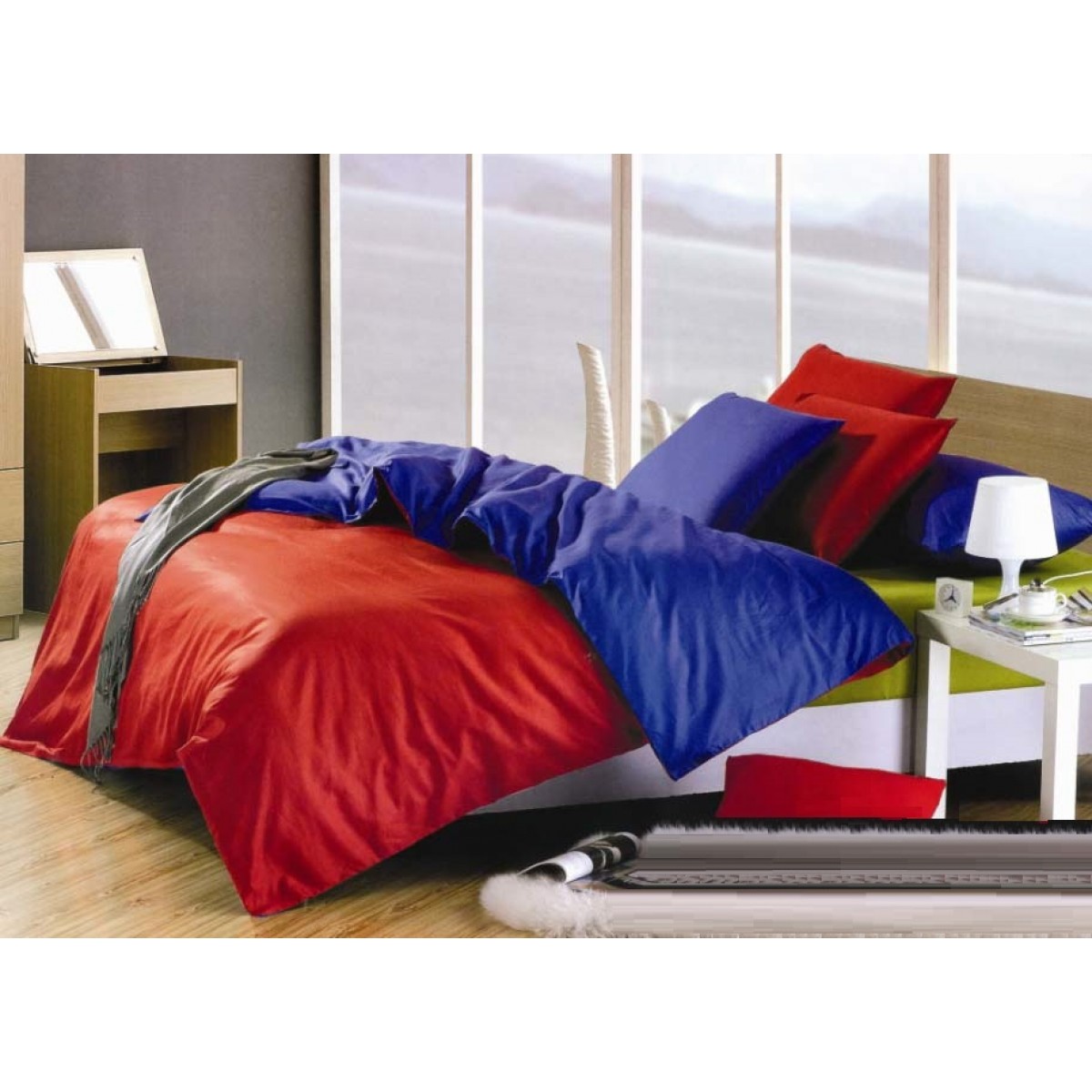 Атласное Электросине-красное  полуторное постельное белье Moka Textile 145*210