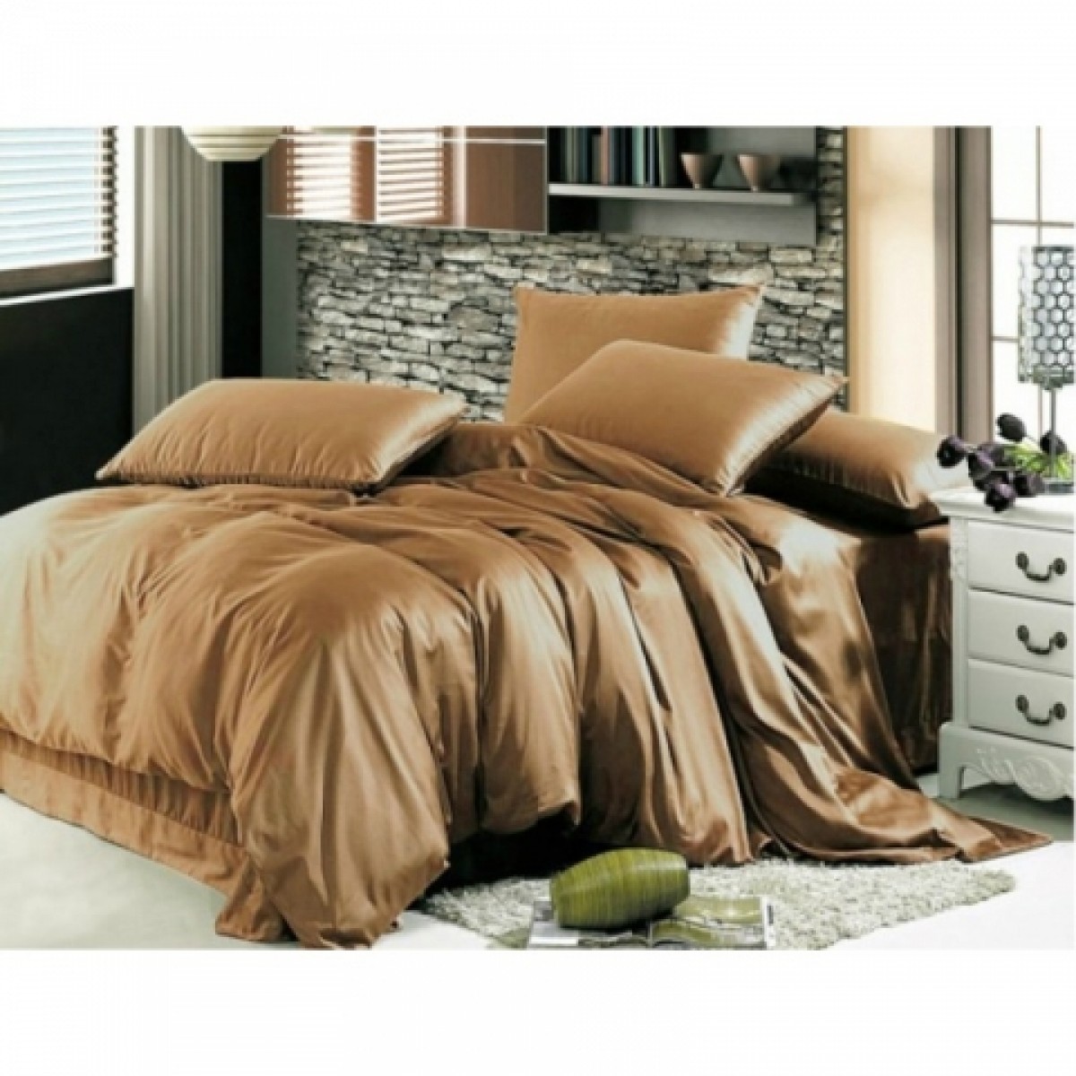 Комплект полуторного постельного белья Moka Textile Роял Светло-бронзовый в ПОДАРОЧНОЙ КОРОБКЕ  Сатин 145*210