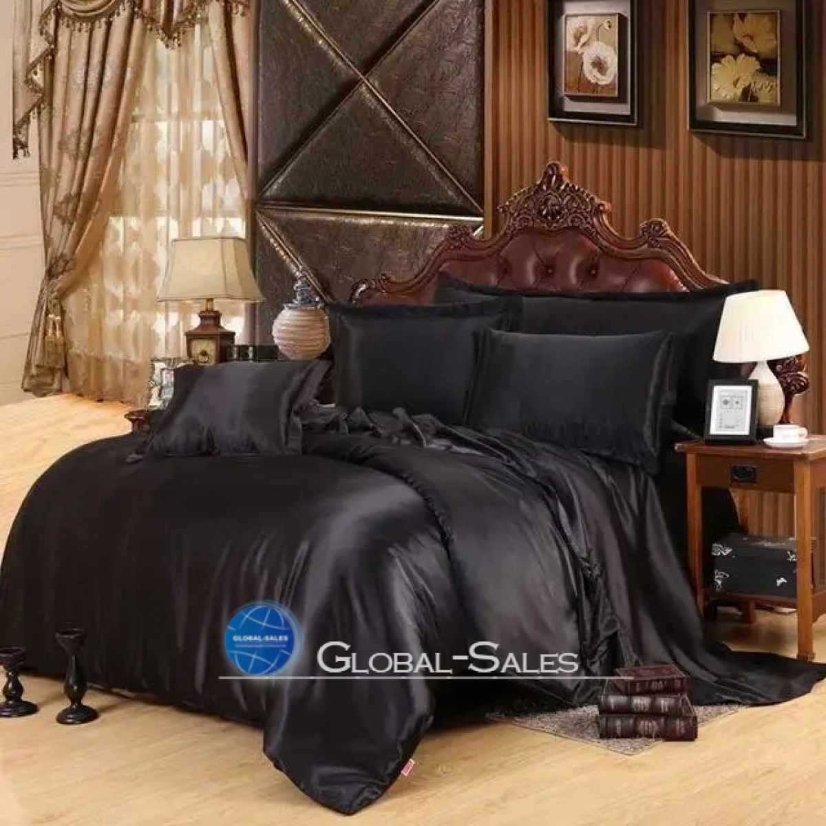 Атласное Чёрное двуспальное постельное белье Moka Textile 175х210см