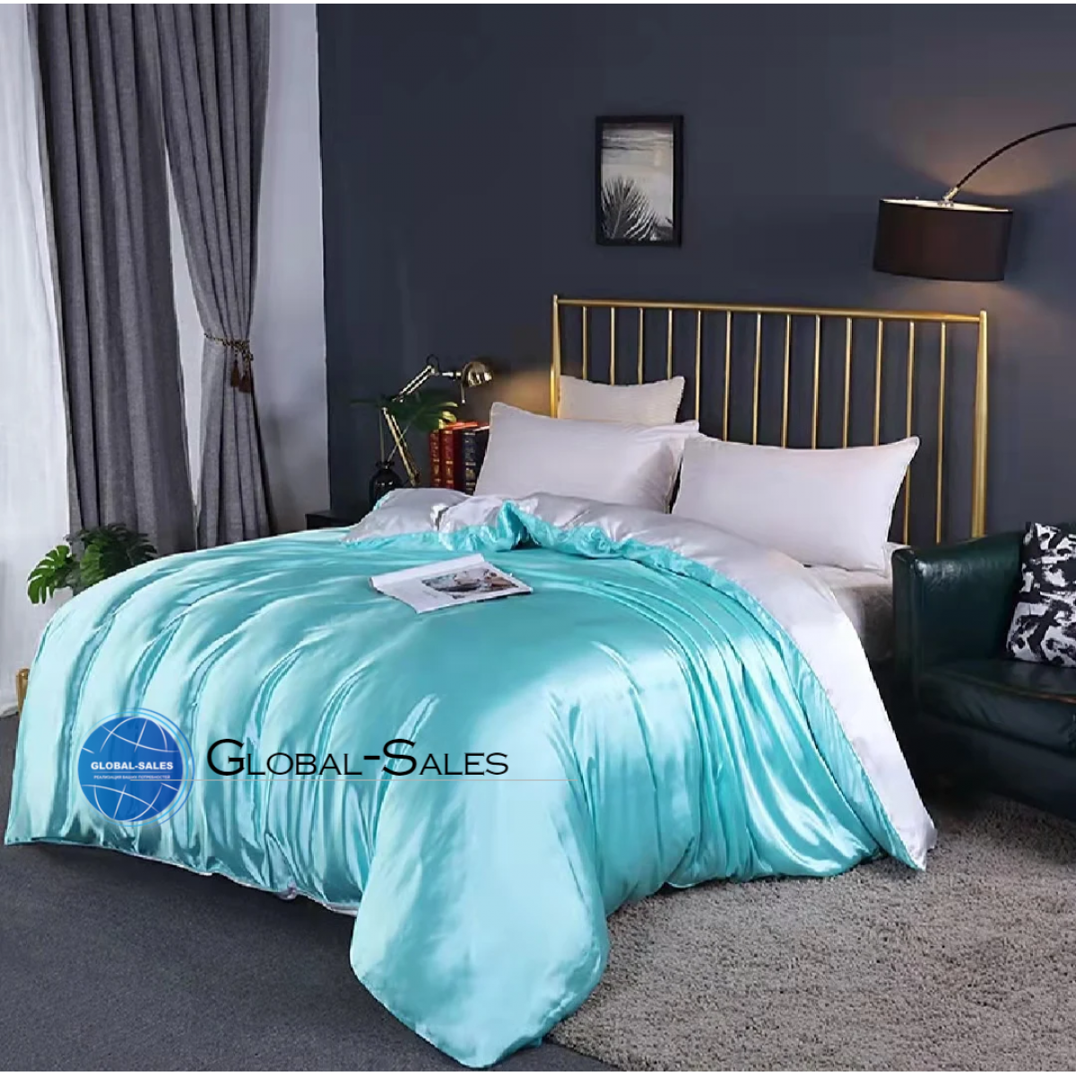 Атласное Бирюзово-белое полуторное постельное белье Moka Textile 145*210