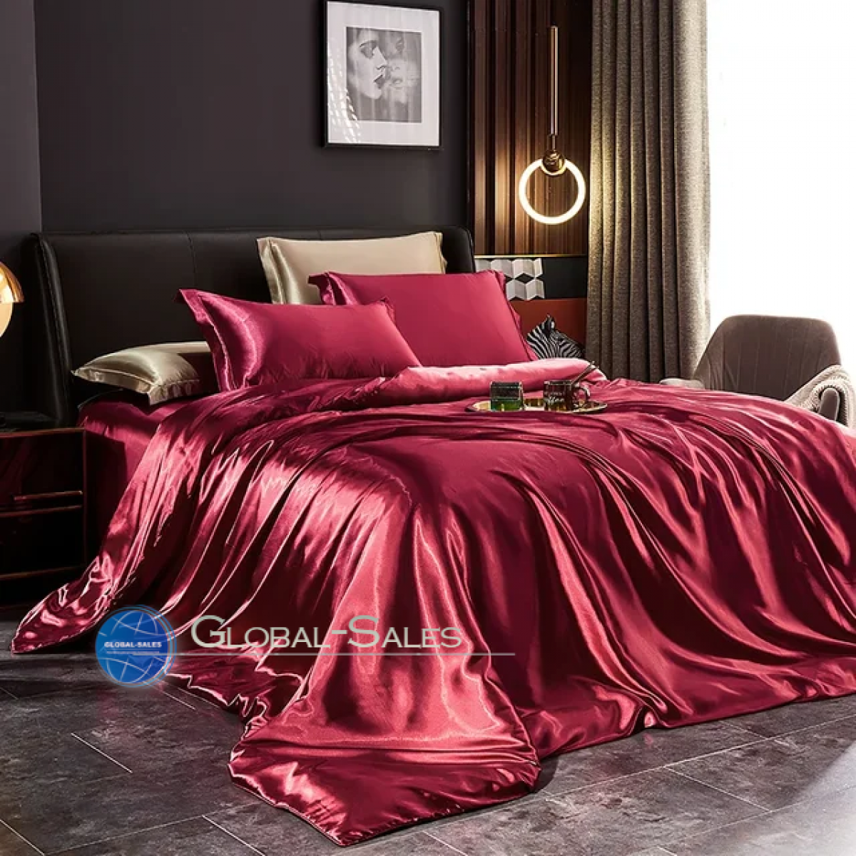 Атласное Бордово-бронзовое двуспальное постельное белье Moka Textile 175х210см