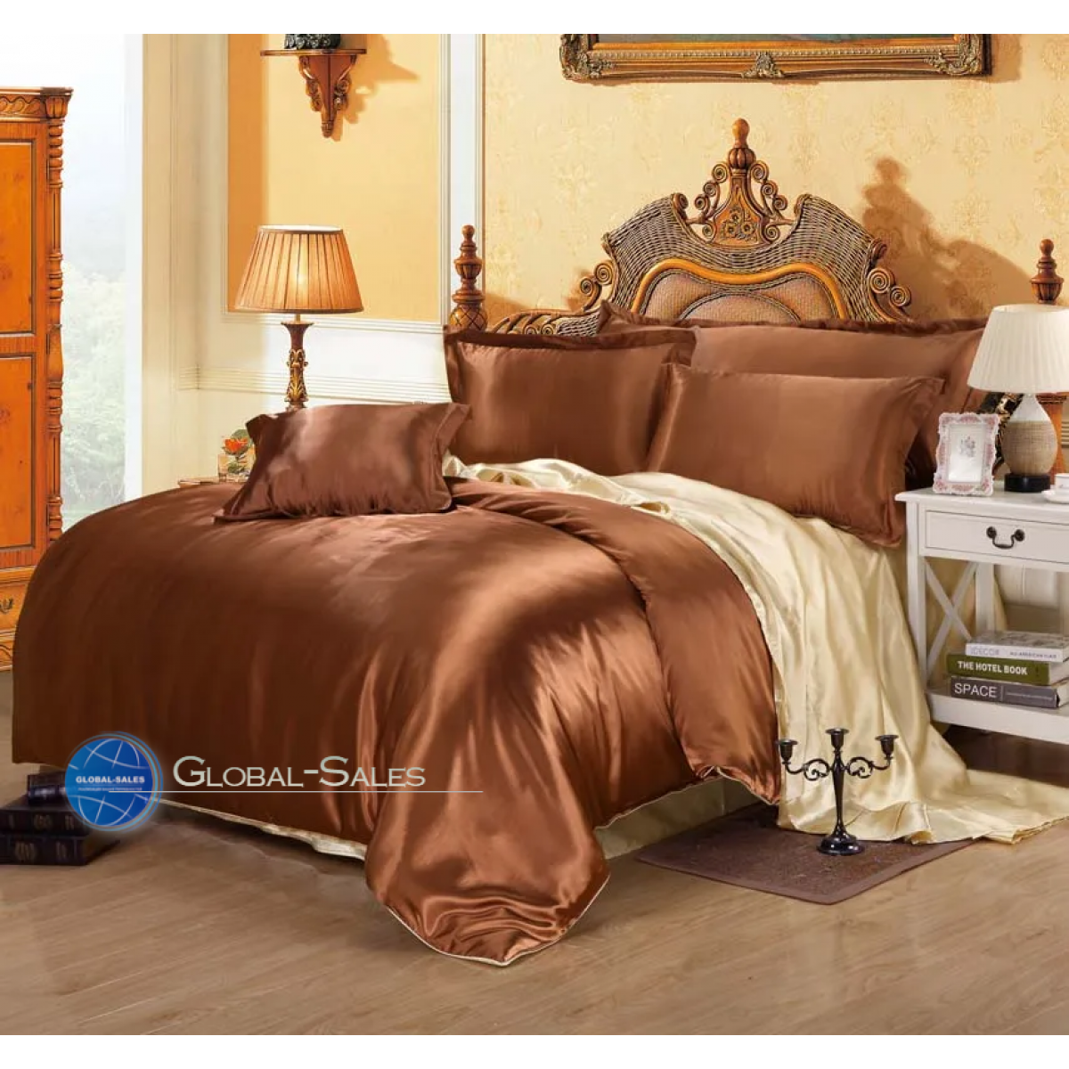 Атласное Бронзово-золотое полуторное постельное белье Moka Textile 145*210