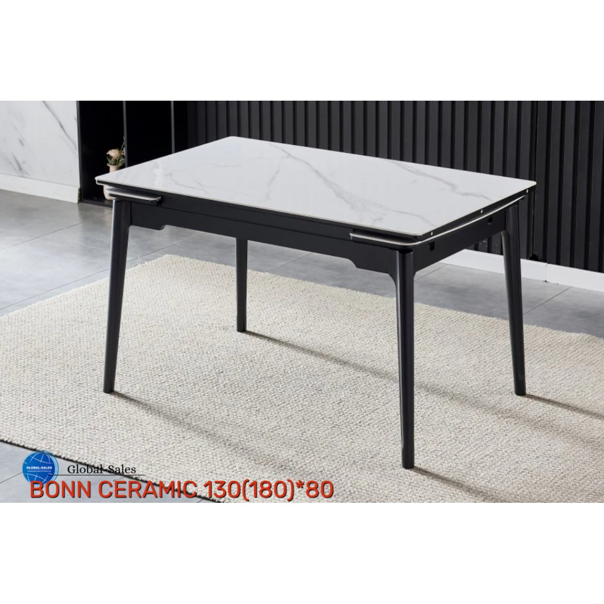 Стіл BONN CERAMIC 130(180)*80 білий глянець/чорний каркас