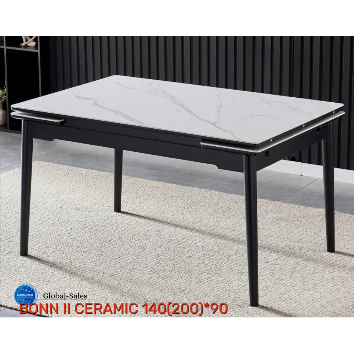 Стіл BONN II CERAMIC 140(200)*90 білий глянець/чорний каркас