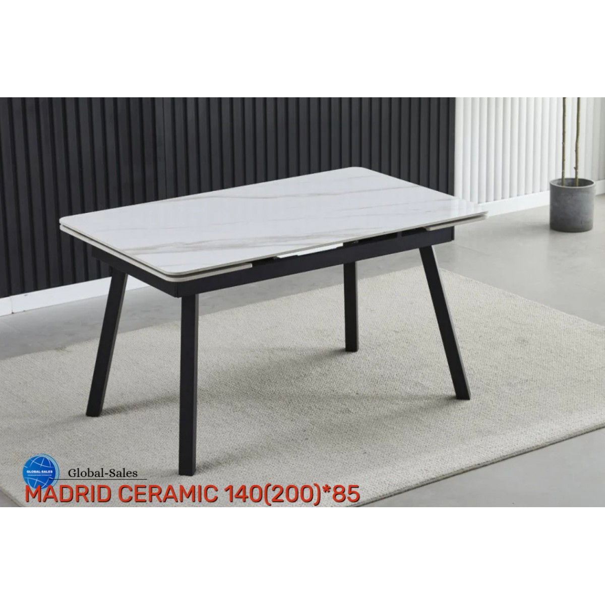 Стіл MADRID CERAMIC 140(200)*85 білий глянець/чорний каркас