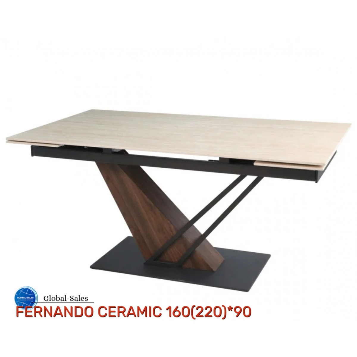 Стіл FERNANDO CERAMIC 160(220)*90 травертин мат/темний горіх