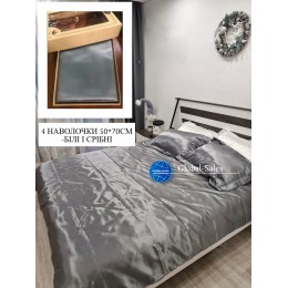 Атласное Серебряное Евро постельное белье 4 наволочки 50*70 Moka Textile  200х220см