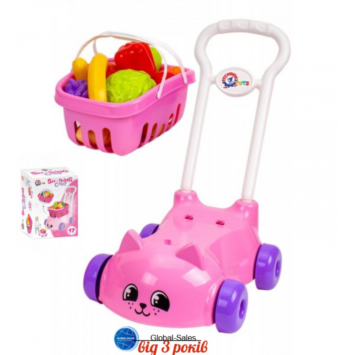 Іграшка візок з ручкою, кошик, 16 овочів та фруктів