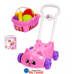 Іграшка візок з ручкою, кошик, 16 овочів та фруктів