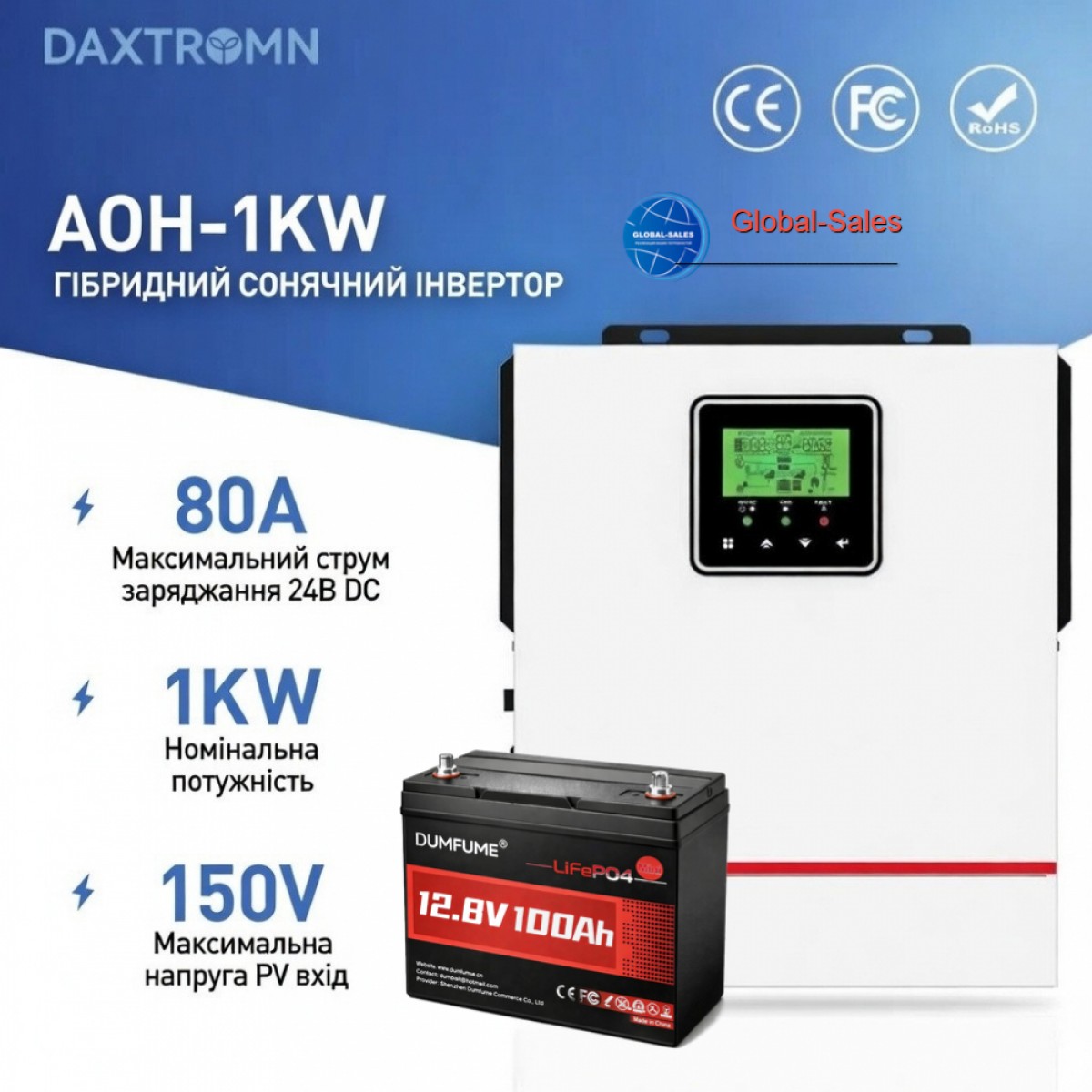 1 кВт LiFePO4 Комплект резервного живлення інвертор Daxtromn + акумулятор Dumfume 12V 100Ah для квартири, будинку 1 кВт LiFePO4 1 кВт LiFePO4 Комплект резервного живлення інвертор Daxtromn + акумулятор Dumfume 12V 100Ah для квартири, будинку 1 кВт LiFePO4